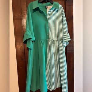 Women’s XL Flutter Sleeve Green & Pinstripe Dress